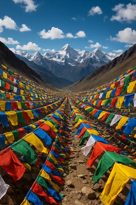 Countless Colorful Prayer Flags Flutter in Unison Along a High