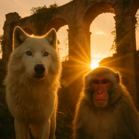 Imposing White Wolf with Luxurious Winter Fur and Piercing Ice-blue