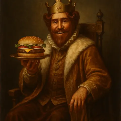Compose an Exquisite Oil Painting Depicting the Regal Burger King