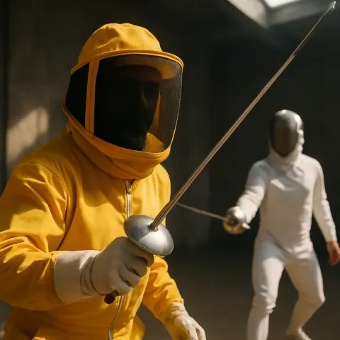 Figure Clad in a Bright Yellow Beekeeper Suit