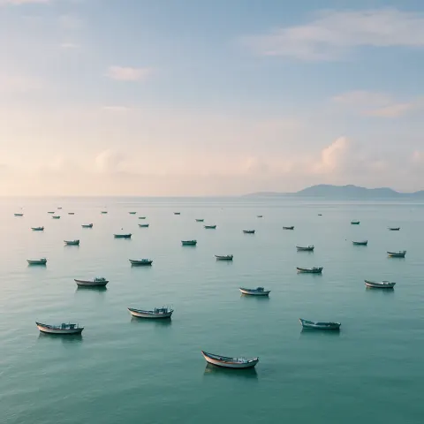 Numerous Tiny Fishing Boats Are Sparsely Scattered Across a Vast