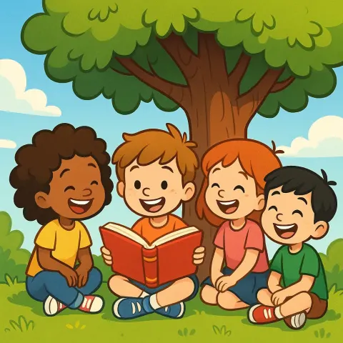 Cheerful Cartoon Depicting Kids Gathered Beneath a Tree