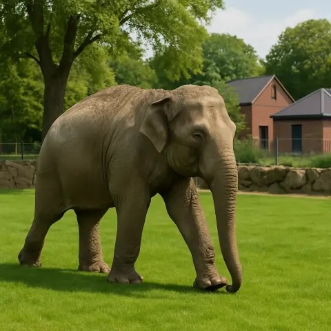Solitary Elephant Walking on Green Grass in an Outdoor Enclosure