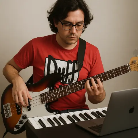 Musician Wearing a "Duff" Shirt Plays an Electric Bass Guitar