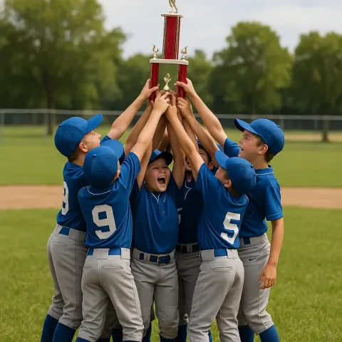 Youth Baseball Team in Blue Uniforms Gathers