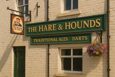 Exterior of "The Hare & Hounds" Pub Featuring Signage Advertising