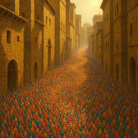 Vibrant Procession of Thousands of Tiny Figures Winds