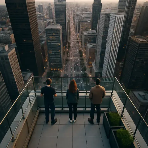 Three People Stand at the Edge of a Skyscraper Rooftop