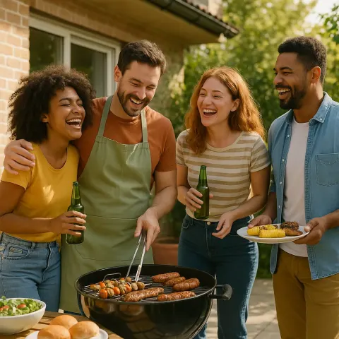 Cheerful Group of Companions Is Enjoying a Barbecue