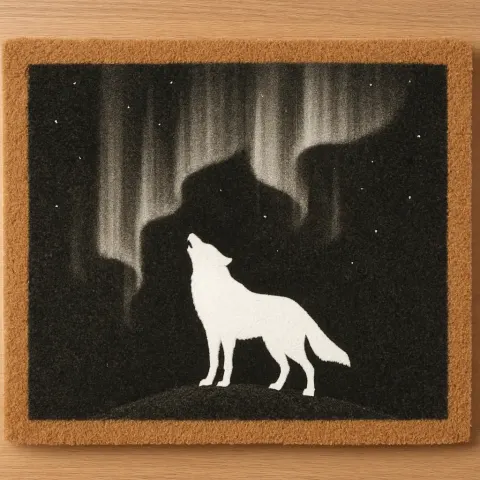 White Wolf's Stark Silhouette on a Doormat under a Minimalist
