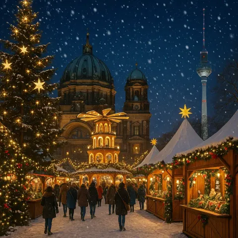 Evening Filled with Snow at a Christmas Market in Berlin