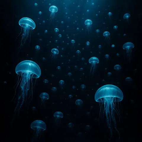 Countless Shimmering Bioluminescent Jellyfish Drift