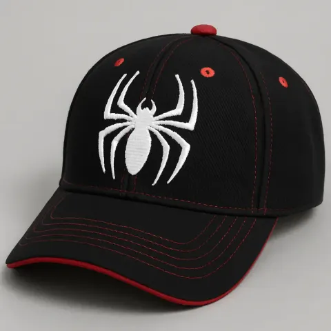 Black Cap Featuring a Prominent White Spider Emblem