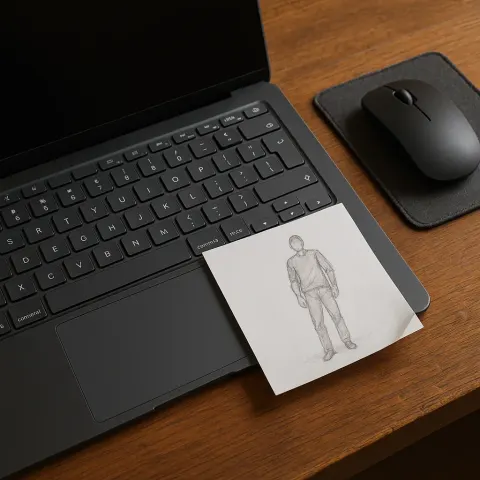 Sleek Charcoal Laptop Is Stationed on a Smooth Wooden Table