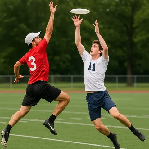 Two Athletes Compete for Possession of a Flying Disc