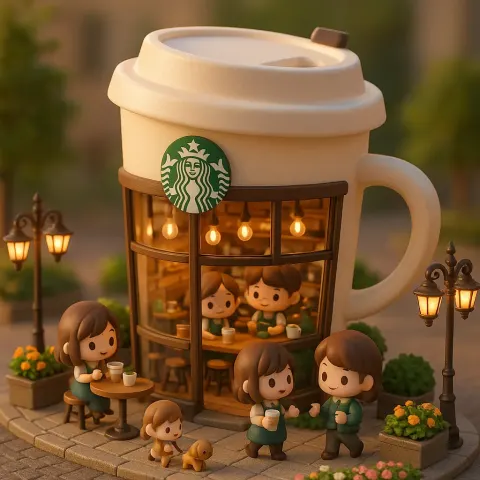 3D Chibi-style Miniature Design of a Whimsical Starbucks Café, Designed