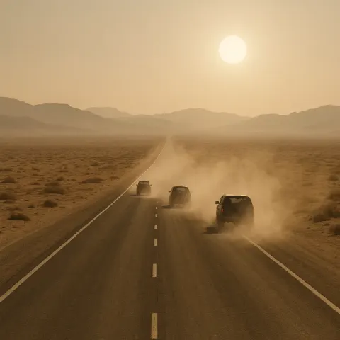 Three Distant Vehicles Kick Up Plumes of Dust