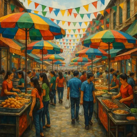 Busy Outdoor Market Street Filled with Colorful Umbrellas
