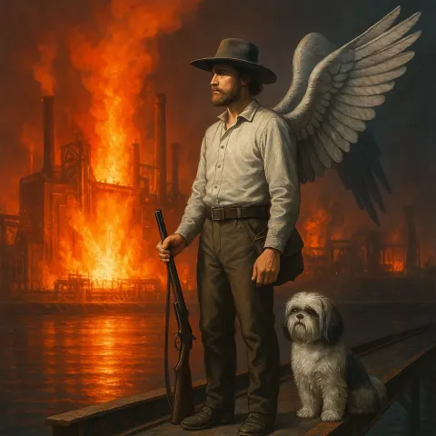 Winged Male Pioneer and His Shih-tzu Survey the Fiery Glow