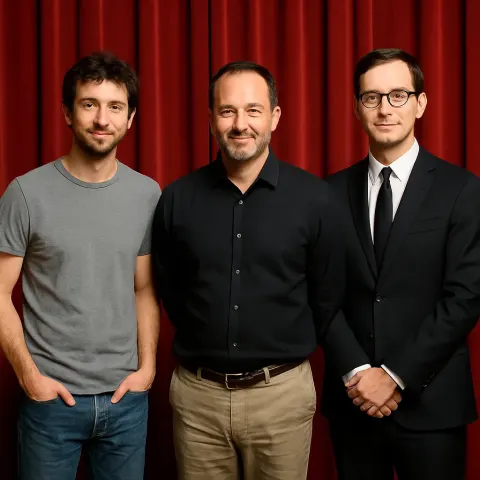 Three Men Standing in Front of a Red Curtain