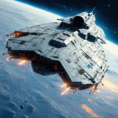 Battle Damaged Spaceship Drifting Through Deep Space