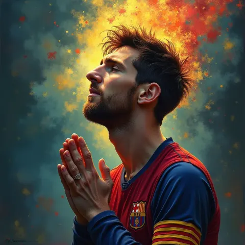 Lionel Messi in Prayer With Expressionist Fire