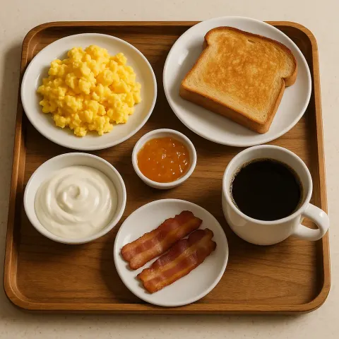Wooden Tray Holding an Assortment of Breakfast Items