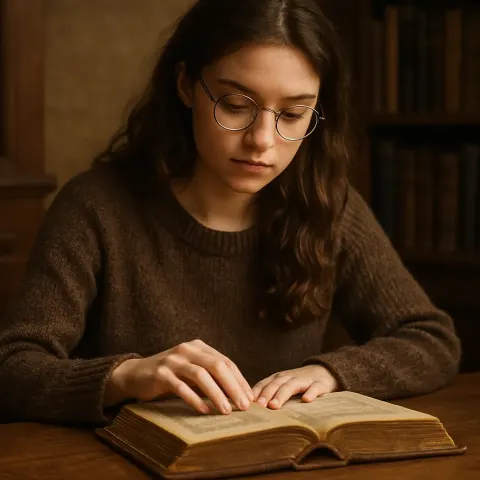 Young Lady Wearing Wire-framed Glasses Carefully Examining an Antique Leather-bound