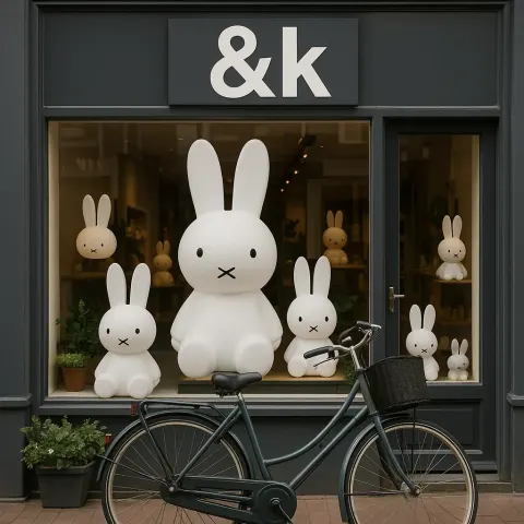 Storefront Display Featuring Large White Rabbit Figurines