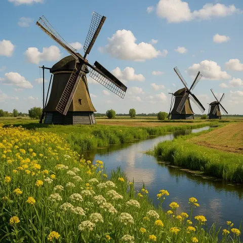 Traditional Dutch Windmills Built with Wooden Structures and Curved Blades