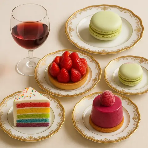 Array of Vibrant Sweets Arranged on Sophisticated Porcelain Dishes