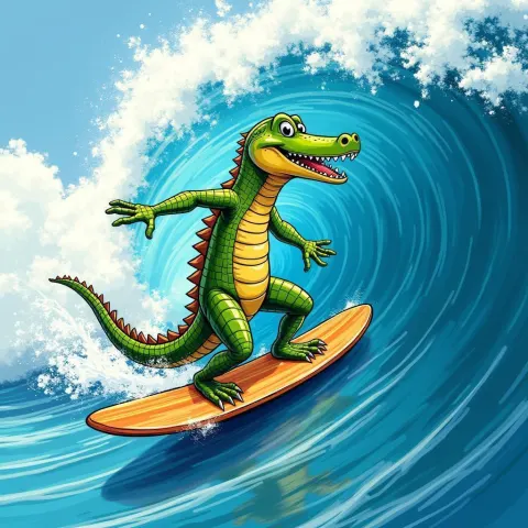 Cartoon Crocodile Surfing a Tube Wave