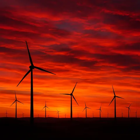 Myriad Distant Wind Turbines Stand Silhouetted Against a Vibrant