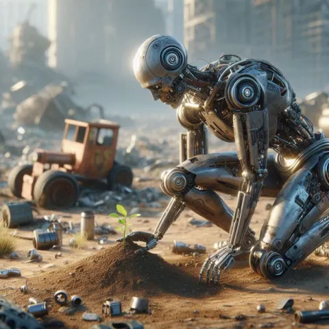 Tender Humanoid Robot Planting in Ruined Landscape