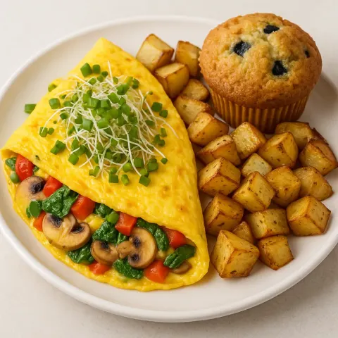 Plate Featuring a Loaded Vegetable Omelet Topped with Sprouts