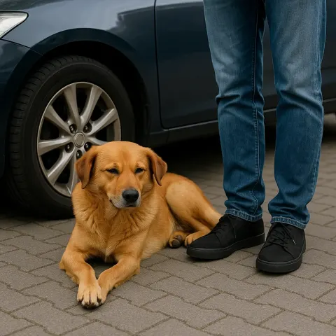 Dog Lying Down Close to a Car