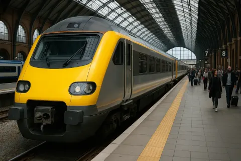 Modern Yellow-faced Train Is Stationed at a Busy Platform Inside