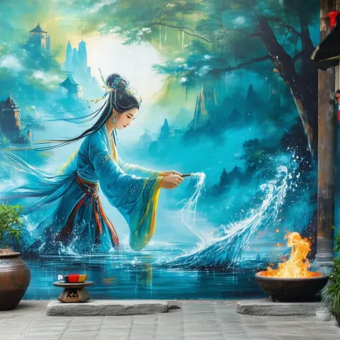 Mage Merchant Casting Water Magic Mural