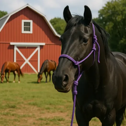 Black Horse with a Purple Rope Halter Stands in Front