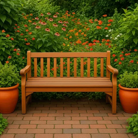Wooden Bench Surrounded by Vibrant Greenery and Flowers