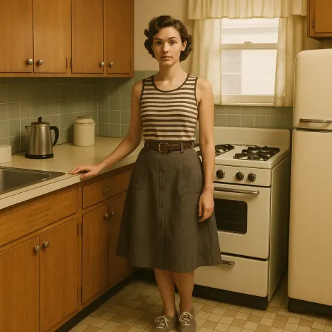 Person Stands in a Retro-style Kitchen Wearing a Striped Sleeveless