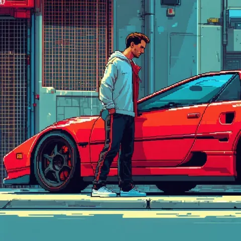 Pixel Tall Man Squeezing Into Red Sports Car