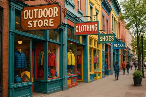 Busy Downtown Street Featuring Vibrant Storefront Displays and Signage