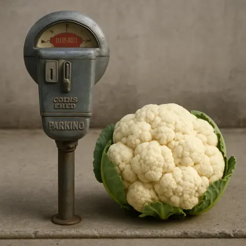 Vintage Parking Meter Positioned Next to a Cauliflower
