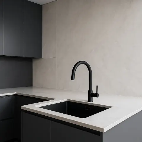 Contemporary Kitchen Layout Featuring Sleek Grey Countertops on One Side