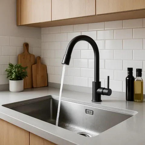 Contemporary Kitchen Sink with Water Flowing from the Faucet