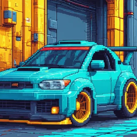 Pixel Car With Blocky Yellow Rimmed Tires