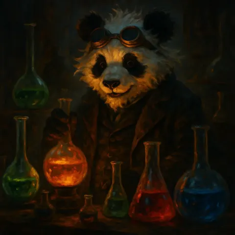 Quirky Panda Inventor Amidst Luminous Liquids