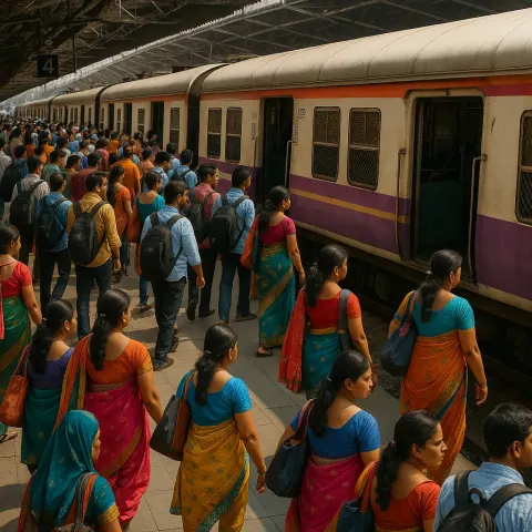Crowded Train Station Platform with Colorful-clothed Passengers Waiting