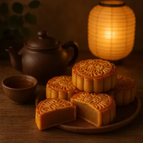 Mooncakes for the Mid-Autumn Festival Placed on a Wooden Table